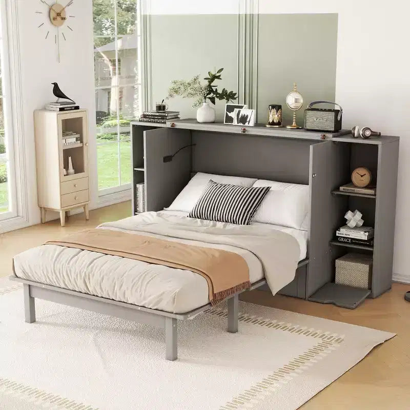 Lit escamotable au design moderne, se repliant dans une armoire avec étagères, tiroirs et ports USB, élégant et pratique