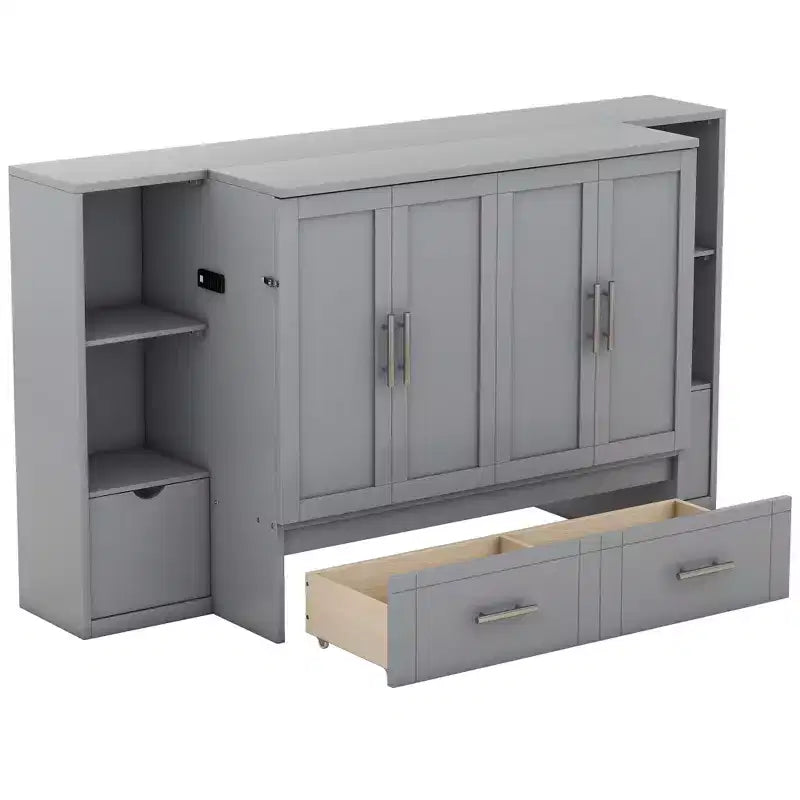 Lit escamotable au design moderne, se repliant dans une armoire avec étagères, tiroirs et ports USB, élégant et pratique