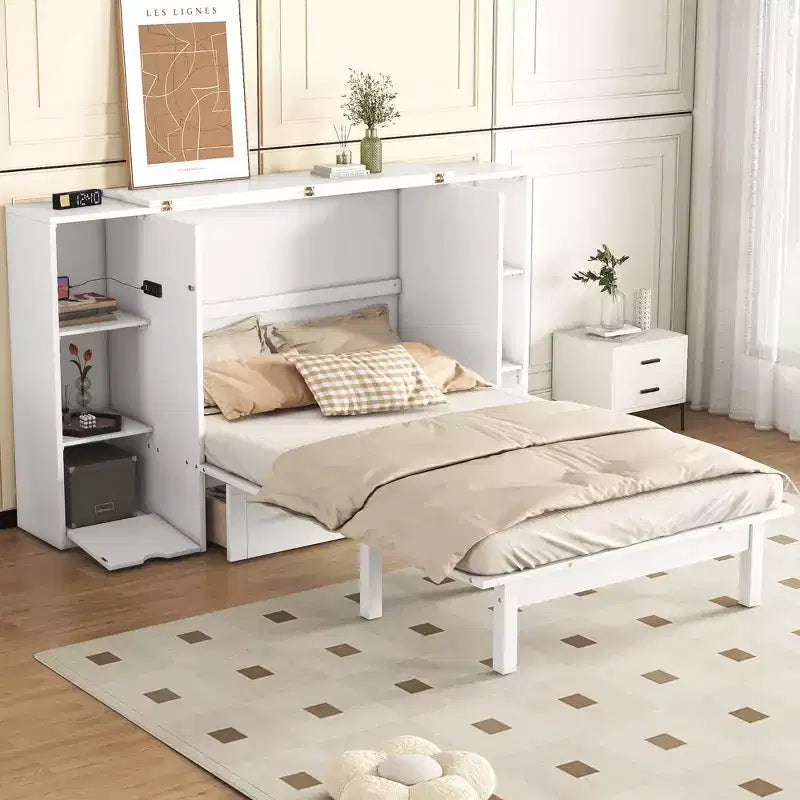Lit escamotable au design moderne, se repliant dans une armoire avec étagères, tiroirs et ports USB, élégant et pratique