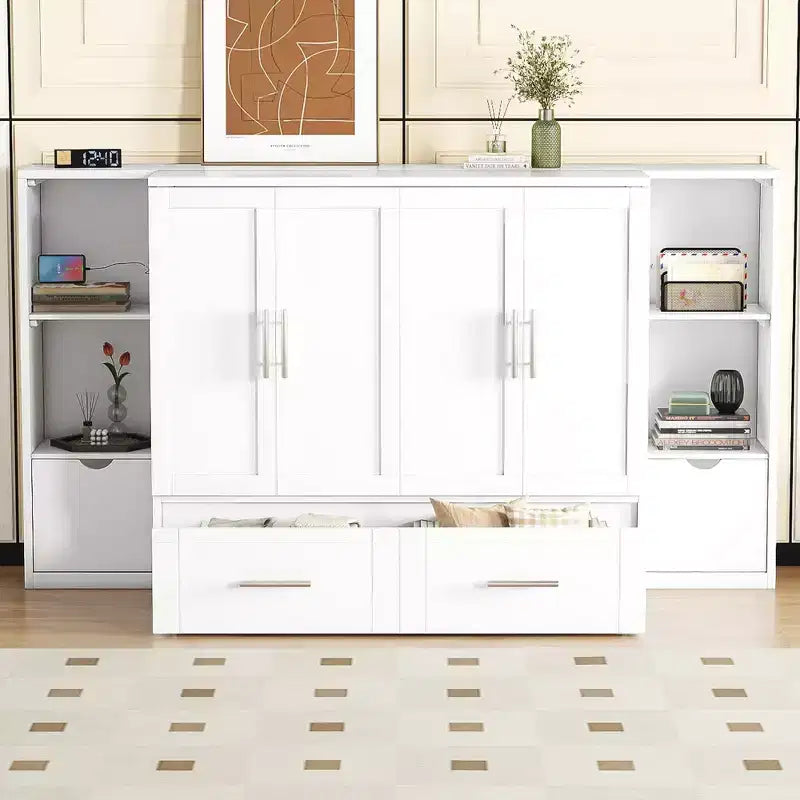 Lit escamotable au design moderne, se repliant dans une armoire avec étagères, tiroirs et ports USB, élégant et pratique