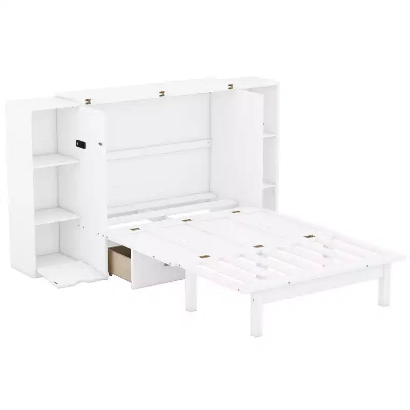 Lit escamotable au design moderne, se repliant dans une armoire avec étagères, tiroirs et ports USB, élégant et pratique