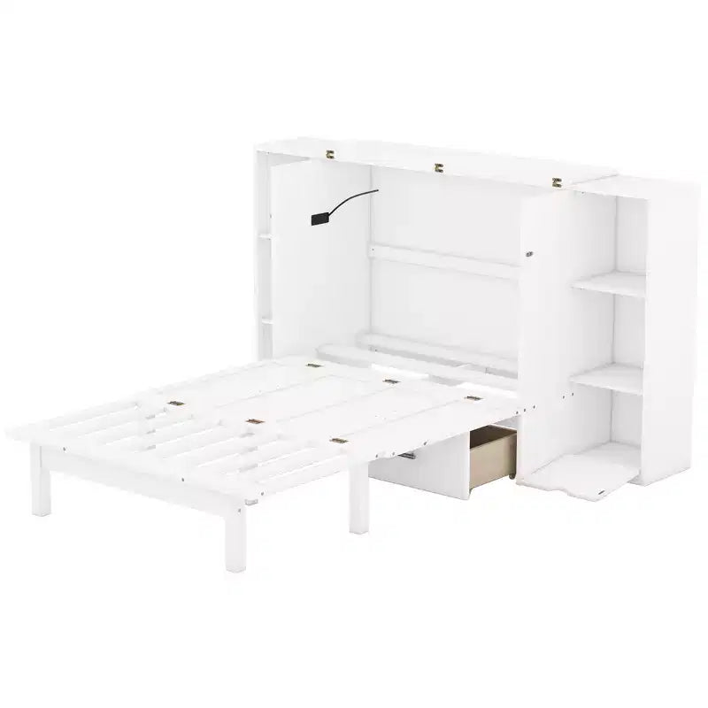 Lit escamotable au design moderne, se repliant dans une armoire avec étagères, tiroirs et ports USB, élégant et pratique
