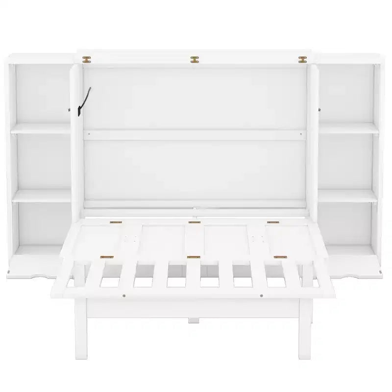 Lit escamotable au design moderne, se repliant dans une armoire avec étagères, tiroirs et ports USB, élégant et pratique