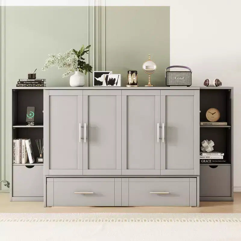 Lit escamotable au design moderne, se repliant dans une armoire avec étagères, tiroirs et ports USB, élégant et pratique