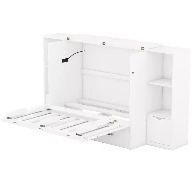 Lit escamotable au design moderne, se repliant dans une armoire avec étagères, tiroirs et ports USB, élégant et pratique