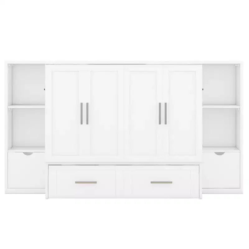 Lit escamotable au design moderne, se repliant dans une armoire avec étagères, tiroirs et ports USB, élégant et pratique
