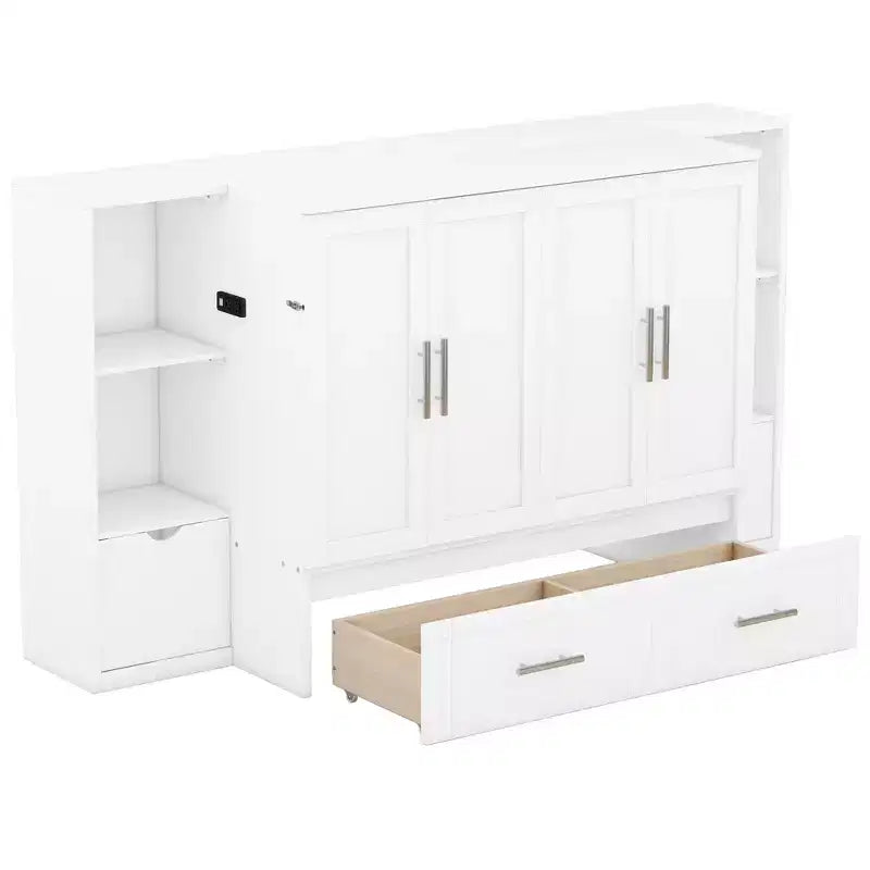 Lit escamotable au design moderne, se repliant dans une armoire avec étagères, tiroirs et ports USB, élégant et pratique