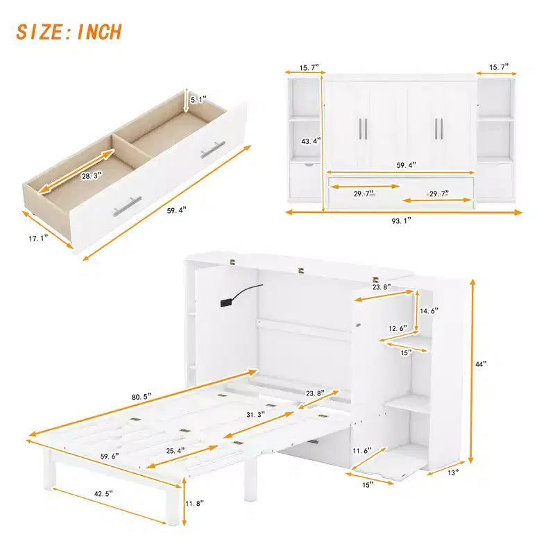 Lit escamotable au design moderne, se repliant dans une armoire avec étagères, tiroirs et ports USB, élégant et pratique