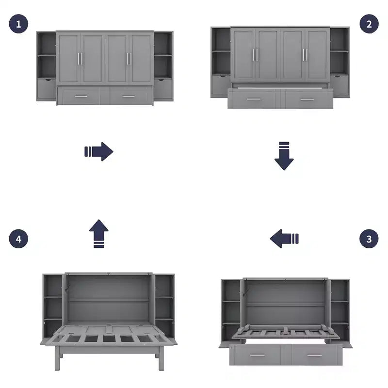 Lit escamotable au design moderne, se repliant dans une armoire avec étagères, tiroirs et ports USB, élégant et pratique