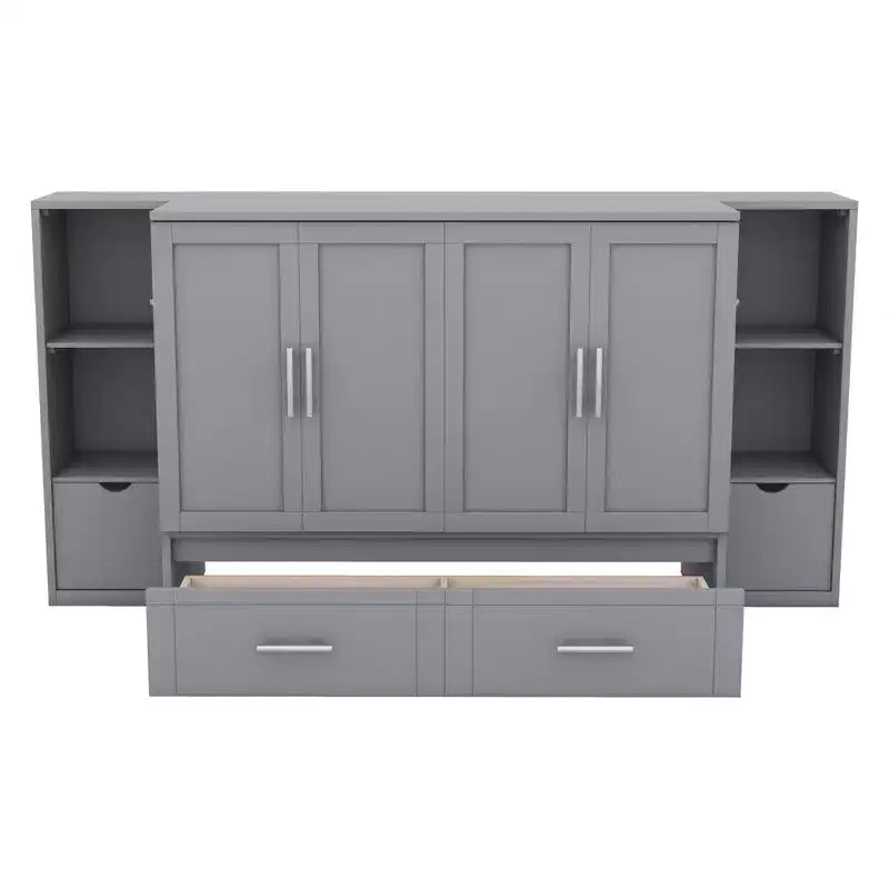Lit escamotable au design moderne, se repliant dans une armoire avec étagères, tiroirs et ports USB, élégant et pratique