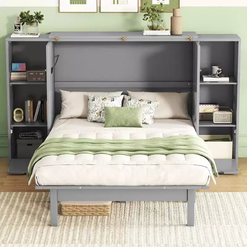 Lit escamotable au design moderne, se repliant dans une armoire avec étagères, tiroirs et ports USB, élégant et pratique