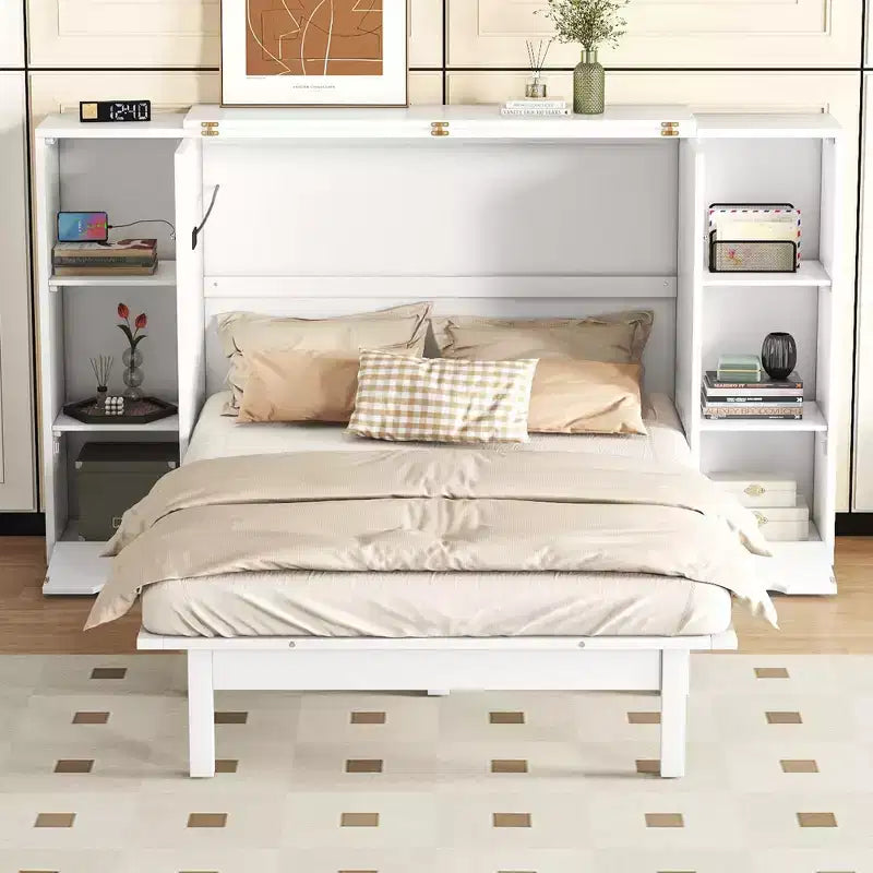 Lit escamotable au design moderne, se repliant dans une armoire avec étagères, tiroirs et ports USB, élégant et pratique