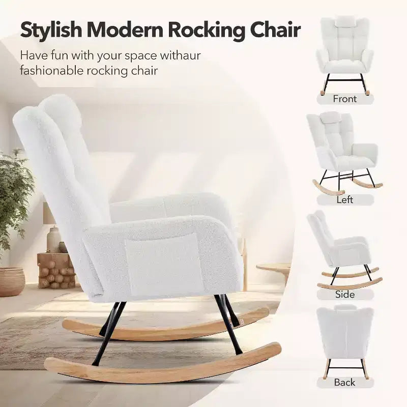 Fauteuil à bascule d'intérieur moderne en tissu Teddy avec siège rembourré et dossier haut pour le salon, la chambre et la lecture confortable