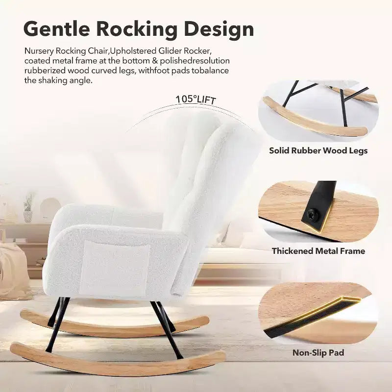 Fauteuil à bascule d'intérieur moderne en tissu Teddy avec siège rembourré et dossier haut pour le salon, la chambre et la lecture confortable