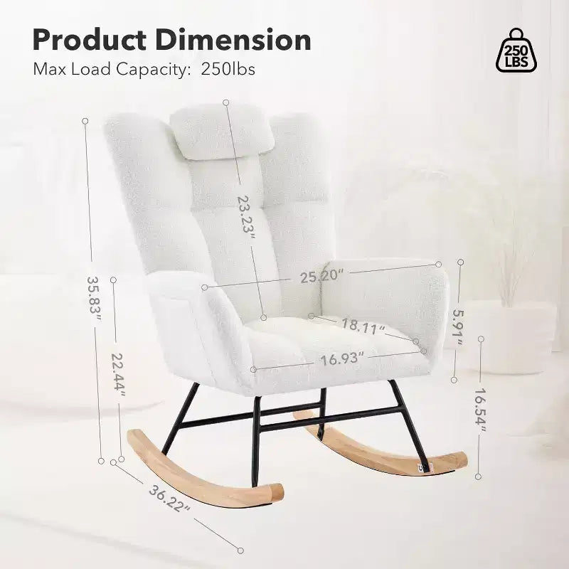 Fauteuil à bascule d'intérieur moderne en tissu Teddy avec siège rembourré et dossier haut pour le salon, la chambre et la lecture confortable