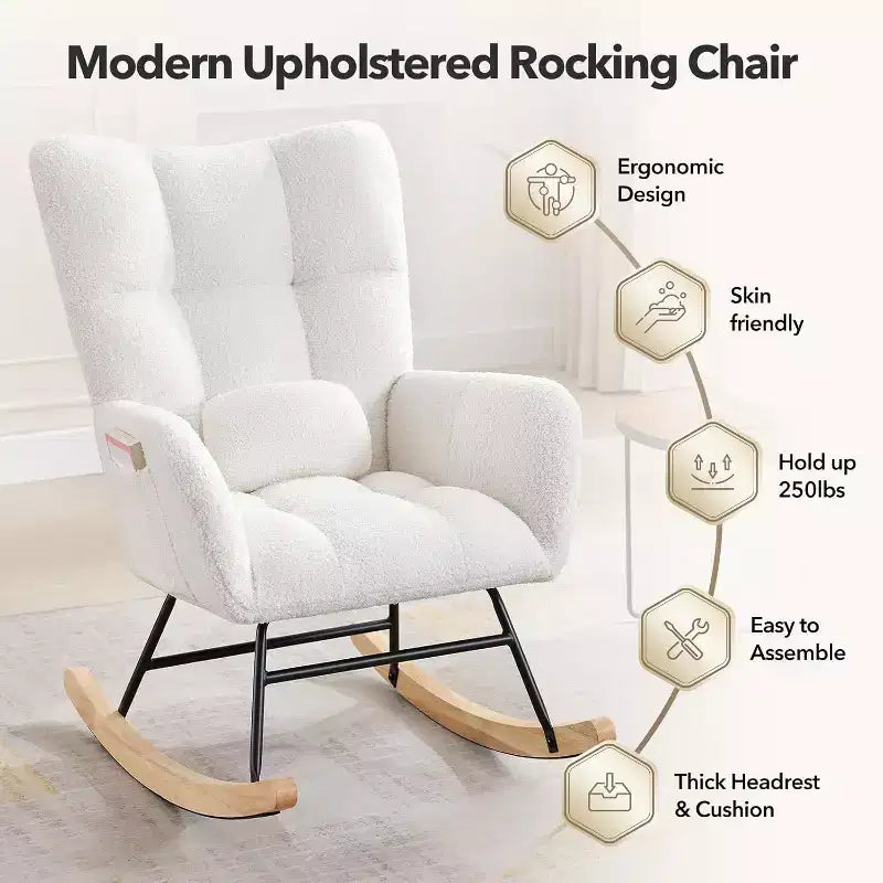 Fauteuil à bascule d'intérieur moderne en tissu Teddy avec siège rembourré et dossier haut pour le salon, la chambre et la lecture confortable