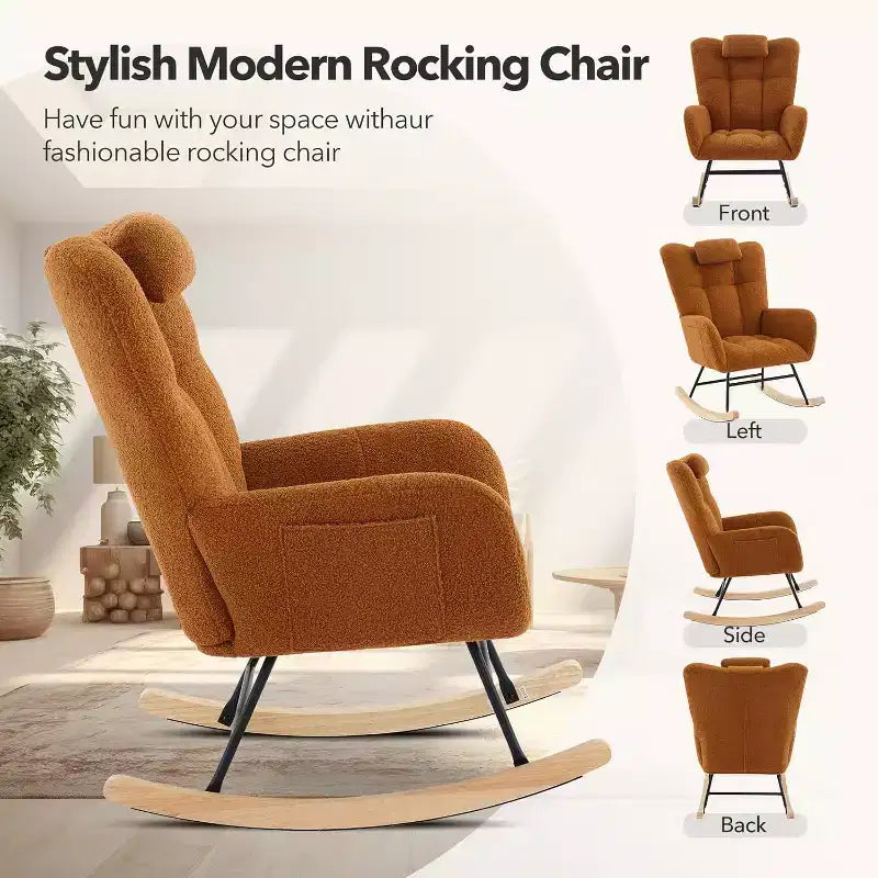 Fauteuil à bascule d'intérieur moderne en tissu Teddy avec siège rembourré et dossier haut pour le salon, la chambre et la lecture confortable