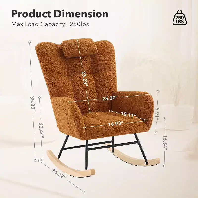 Fauteuil à bascule d'intérieur moderne en tissu Teddy avec siège rembourré et dossier haut pour le salon, la chambre et la lecture confortable