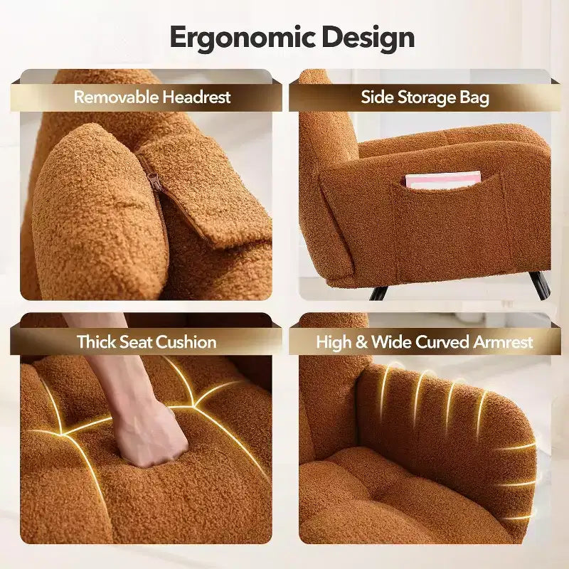 Fauteuil à bascule d'intérieur moderne en tissu Teddy avec siège rembourré et dossier haut pour le salon, la chambre et la lecture confortable