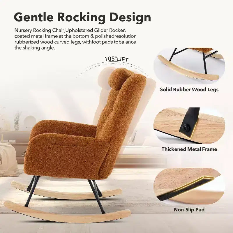 Fauteuil à bascule d'intérieur moderne en tissu Teddy avec siège rembourré et dossier haut pour le salon, la chambre et la lecture confortable