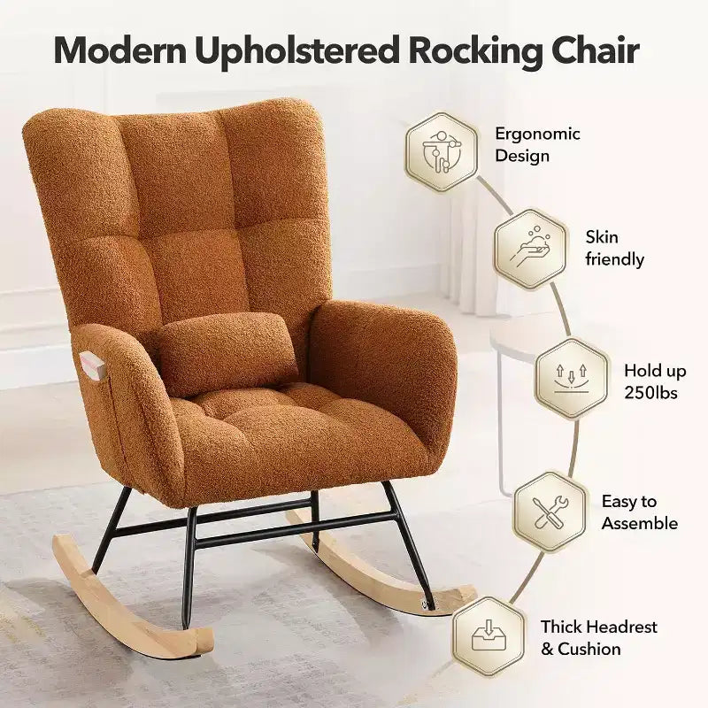 Fauteuil à bascule d'intérieur moderne en tissu Teddy avec siège rembourré et dossier haut pour le salon, la chambre et la lecture confortable