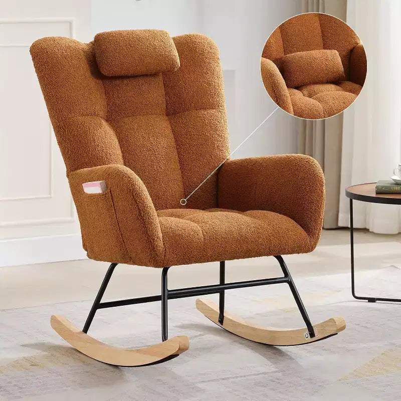 Modern Teddy Indoor Upholstered Padded Seat Nursery Rocking Chair with High Backrest for Living Room, Bedroom, Cozy Reading