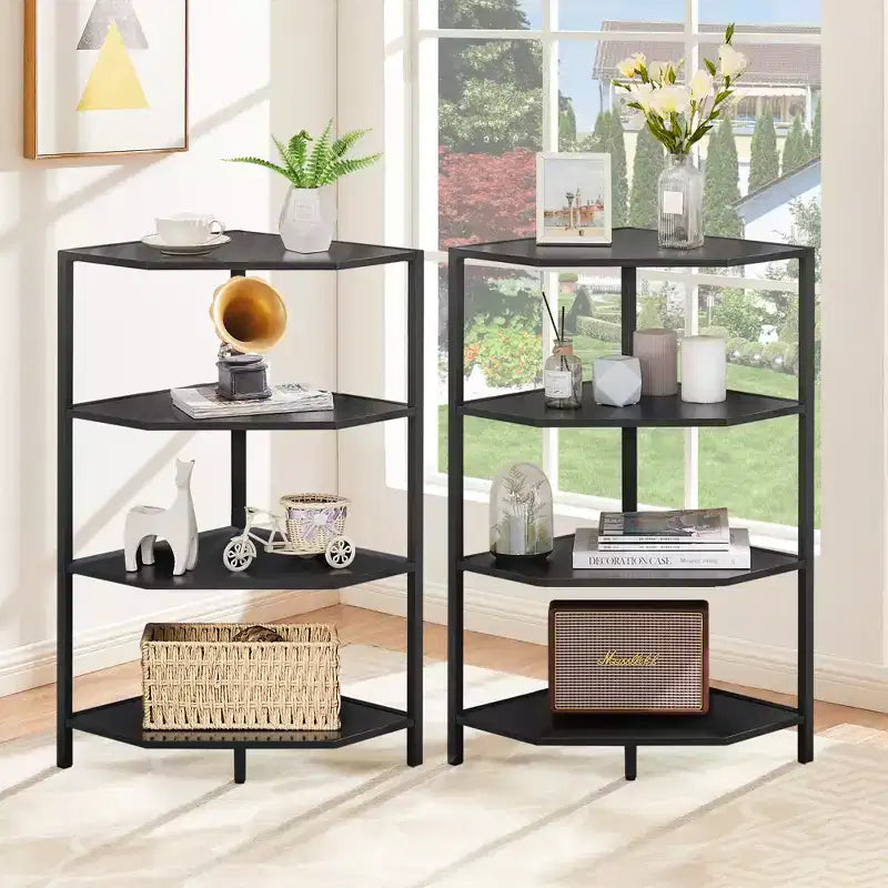 VECELO Corner Shelf, 4-Tier Display Shelves, Wood Storage Stand with Metal Frame for Small Space, Black/Brown/White/Gray/Gold