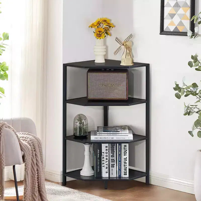 Étagère d'angle, étagères de présentation à 4 niveaux, support de rangement en bois avec cadre métallique pour petit espace, noir/marron/blanc/gris/doré