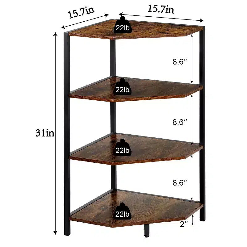 Étagère d'angle, étagères de présentation à 4 niveaux, support de rangement en bois avec cadre métallique pour petit espace, noir/marron/blanc/gris/doré