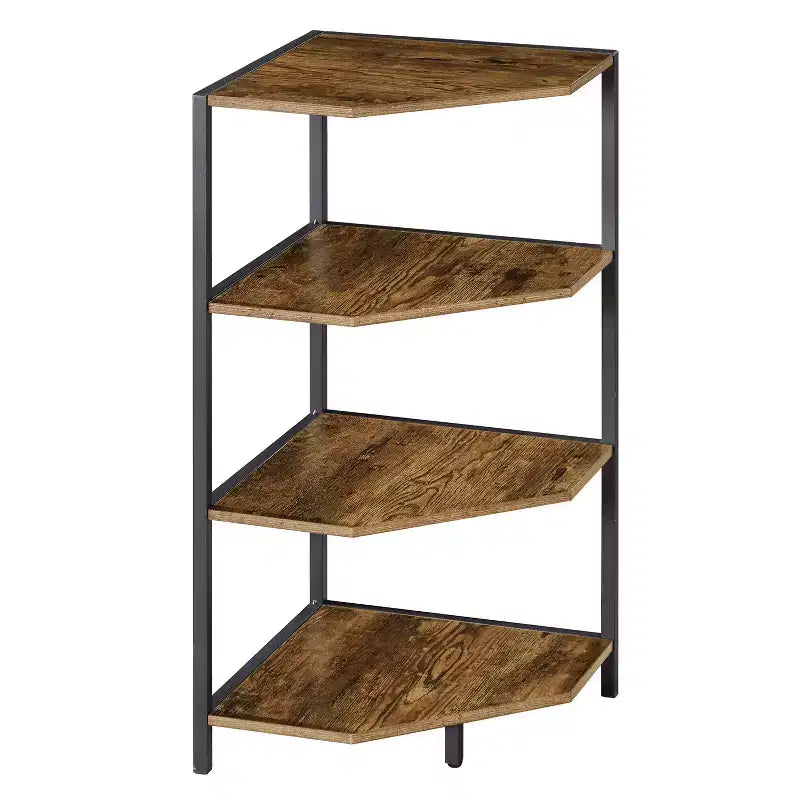 Étagère d'angle, étagères de présentation à 4 niveaux, support de rangement en bois avec cadre métallique pour petit espace, noir/marron/blanc/gris/doré
