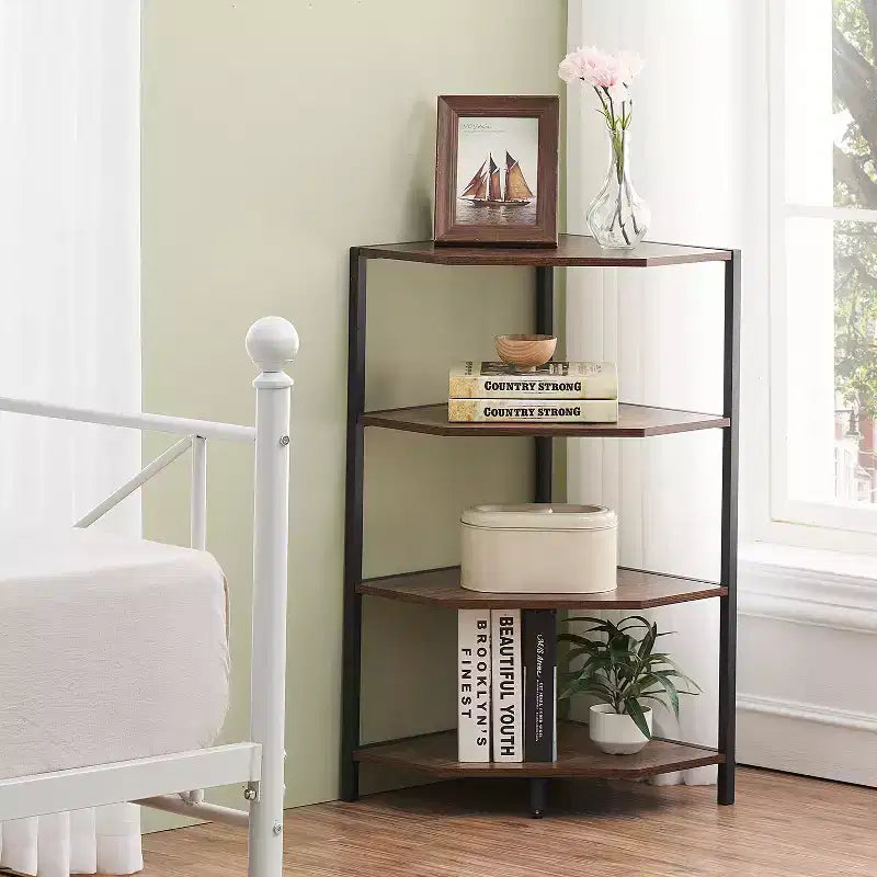 Étagère d'angle, étagères de présentation à 4 niveaux, support de rangement en bois avec cadre métallique pour petit espace, noir/marron/blanc/gris/doré