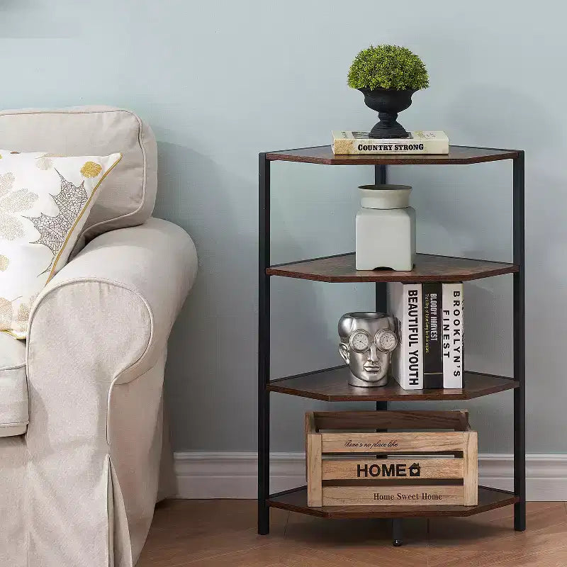 Étagère d'angle, étagères de présentation à 4 niveaux, support de rangement en bois avec cadre métallique pour petit espace, noir/marron/blanc/gris/doré