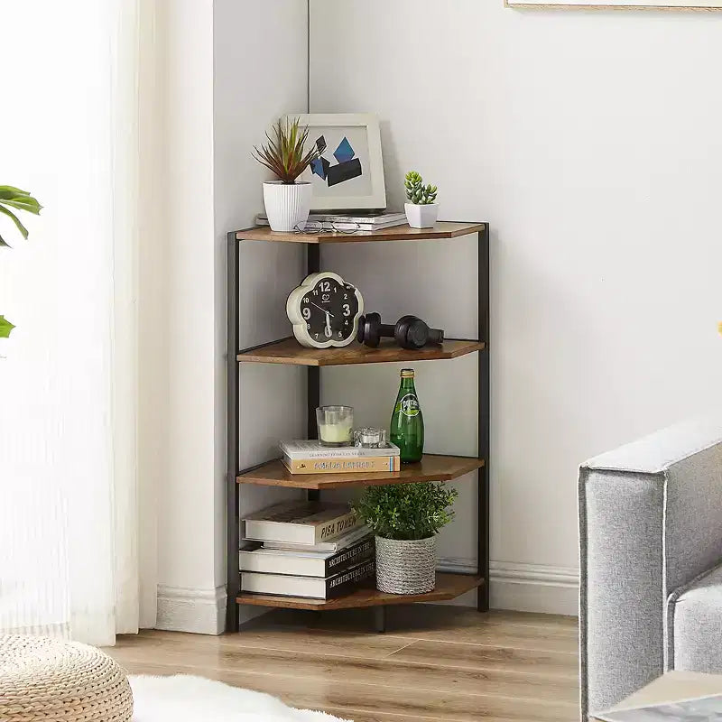 Étagère d'angle, étagères de présentation à 4 niveaux, support de rangement en bois avec cadre métallique pour petit espace, noir/marron/blanc/gris/doré