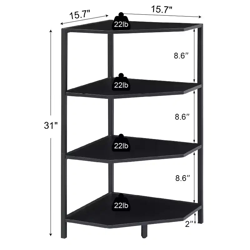 Étagère d'angle, étagères de présentation à 4 niveaux, support de rangement en bois avec cadre métallique pour petit espace, noir/marron/blanc/gris/doré