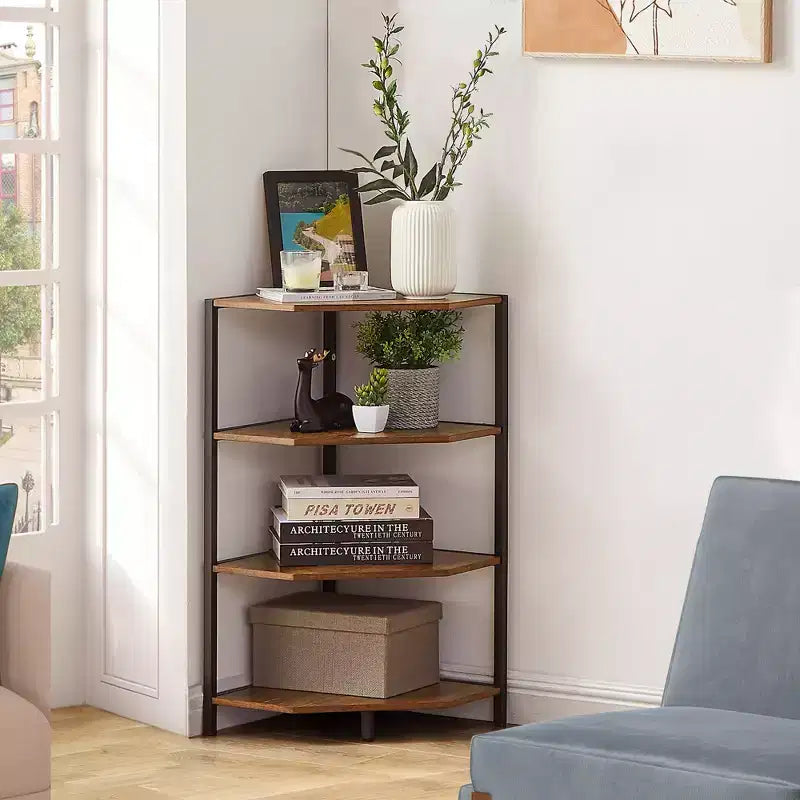 Étagère d'angle, étagères de présentation à 4 niveaux, support de rangement en bois avec cadre métallique pour petit espace, noir/marron/blanc/gris/doré