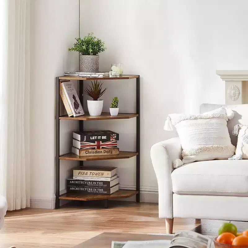 Étagère d'angle, étagères de présentation à 4 niveaux, support de rangement en bois avec cadre métallique pour petit espace, noir/marron/blanc/gris/doré