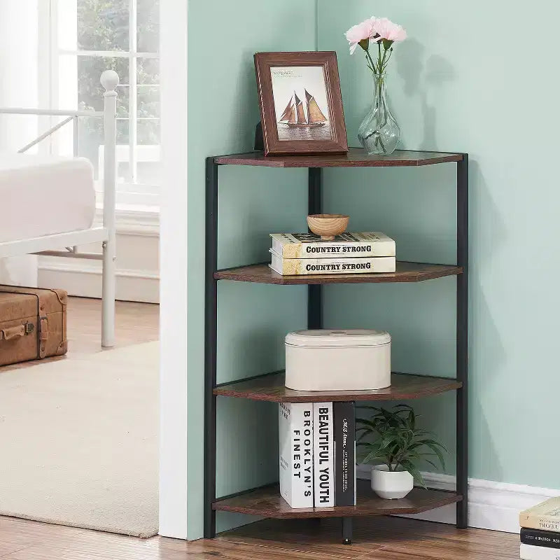 Étagère d'angle, étagères de présentation à 4 niveaux, support de rangement en bois avec cadre métallique pour petit espace, noir/marron/blanc/gris/doré