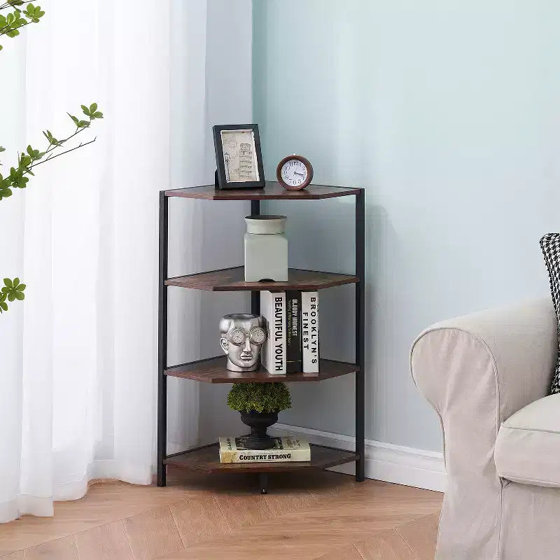 Étagère d'angle, étagères de présentation à 4 niveaux, support de rangement en bois avec cadre métallique pour petit espace, noir/marron/blanc/gris/doré