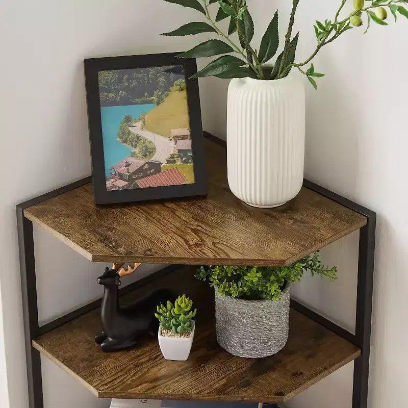 Étagère d'angle, étagères de présentation à 4 niveaux, support de rangement en bois avec cadre métallique pour petit espace, noir/marron/blanc/gris/doré