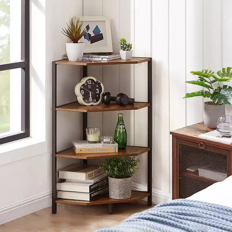 Étagère d'angle, étagères de présentation à 4 niveaux, support de rangement en bois avec cadre métallique pour petit espace, noir/marron/blanc/gris/doré