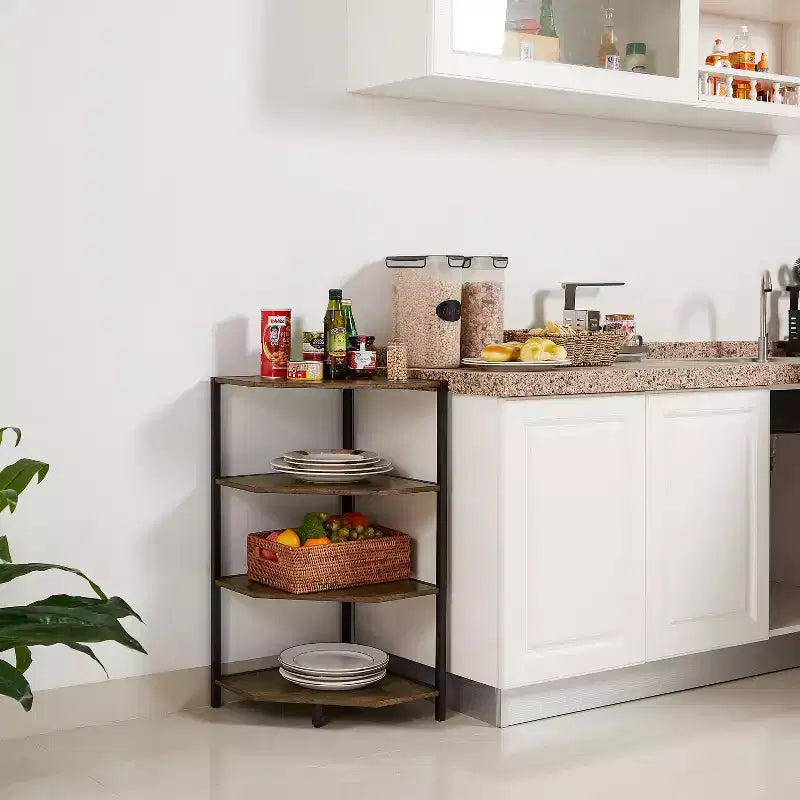 Étagère d'angle, étagères de présentation à 4 niveaux, support de rangement en bois avec cadre métallique pour petit espace, noir/marron/blanc/gris/doré