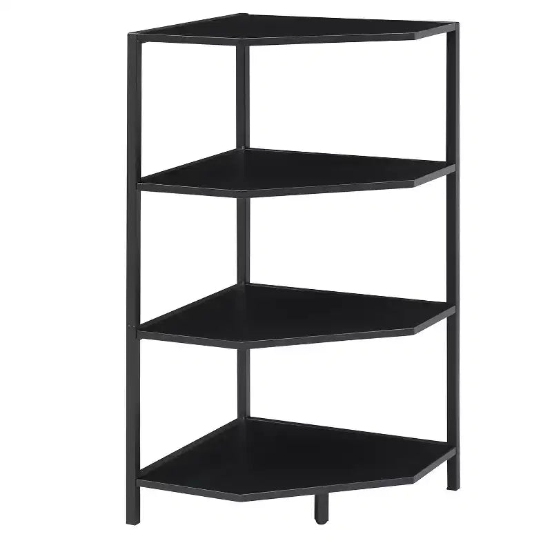 Étagère d'angle, étagères de présentation à 4 niveaux, support de rangement en bois avec cadre métallique pour petit espace, noir/marron/blanc/gris/doré