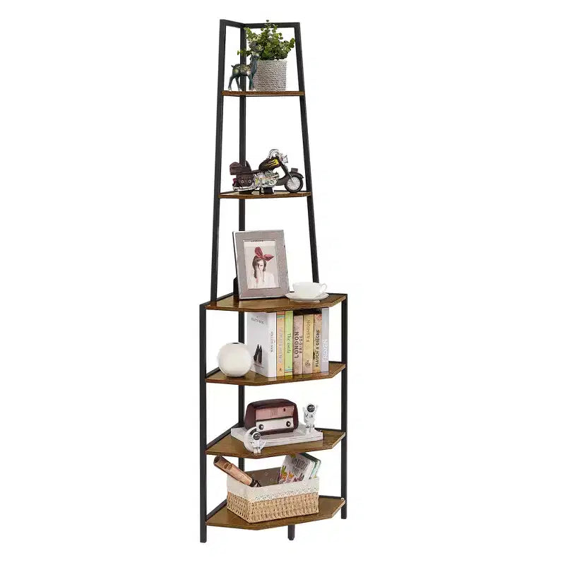 Étagère d'angle, étagères de présentation à 4 niveaux, support de rangement en bois avec cadre métallique pour petit espace, noir/marron/blanc/gris/doré