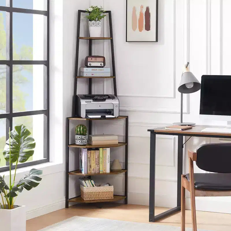 Étagère d'angle, étagères de présentation à 4 niveaux, support de rangement en bois avec cadre métallique pour petit espace, noir/marron/blanc/gris/doré