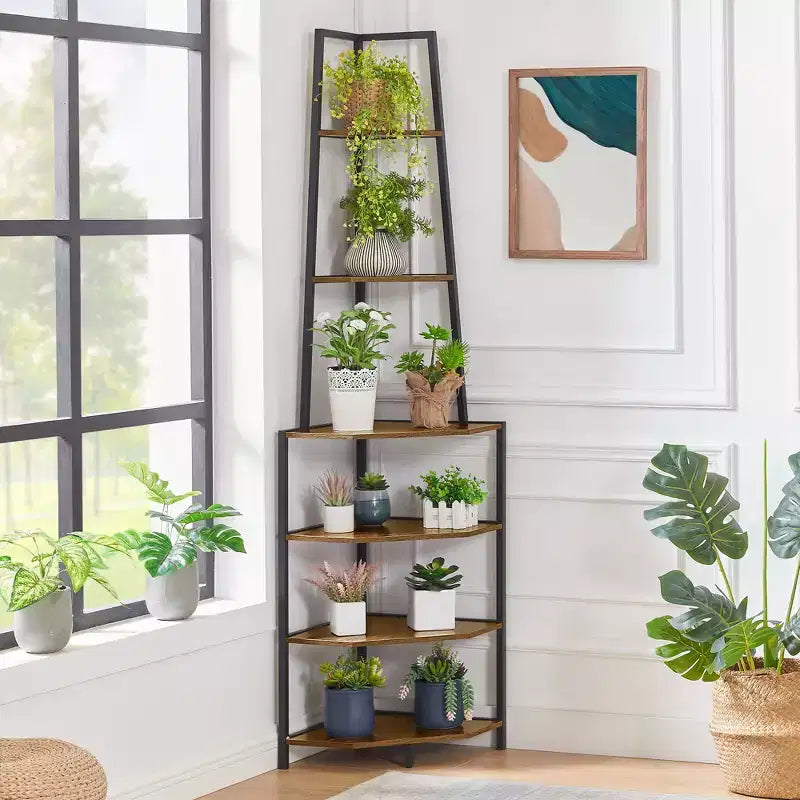 Étagère d'angle, étagères de présentation à 4 niveaux, support de rangement en bois avec cadre métallique pour petit espace, noir/marron/blanc/gris/doré