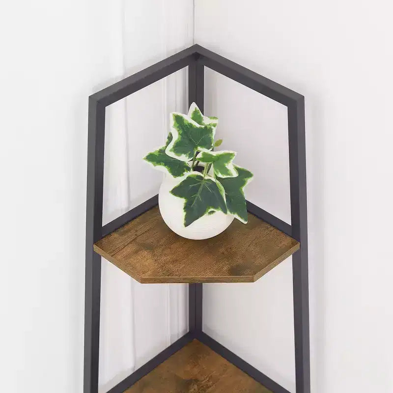 Étagère d'angle, étagères de présentation à 4 niveaux, support de rangement en bois avec cadre métallique pour petit espace, noir/marron/blanc/gris/doré
