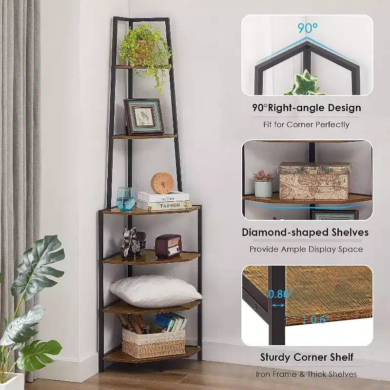 Étagère d'angle, étagères de présentation à 4 niveaux, support de rangement en bois avec cadre métallique pour petit espace, noir/marron/blanc/gris/doré