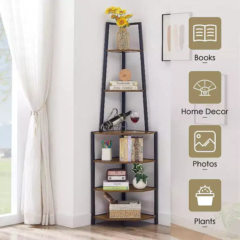 Étagère d'angle, étagères de présentation à 4 niveaux, support de rangement en bois avec cadre métallique pour petit espace, noir/marron/blanc/gris/doré