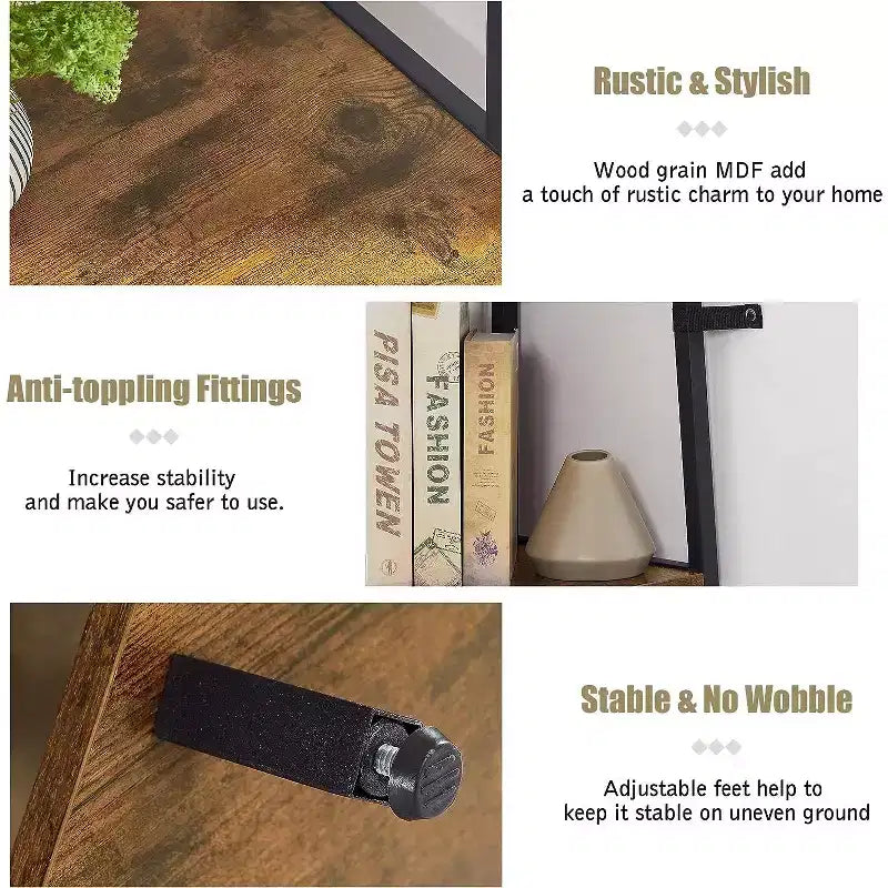 Étagère d'angle, étagères de présentation à 4 niveaux, support de rangement en bois avec cadre métallique pour petit espace, noir/marron/blanc/gris/doré