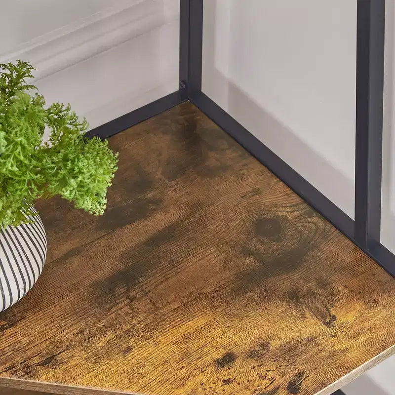 Étagère d'angle, étagères de présentation à 4 niveaux, support de rangement en bois avec cadre métallique pour petit espace, noir/marron/blanc/gris/doré